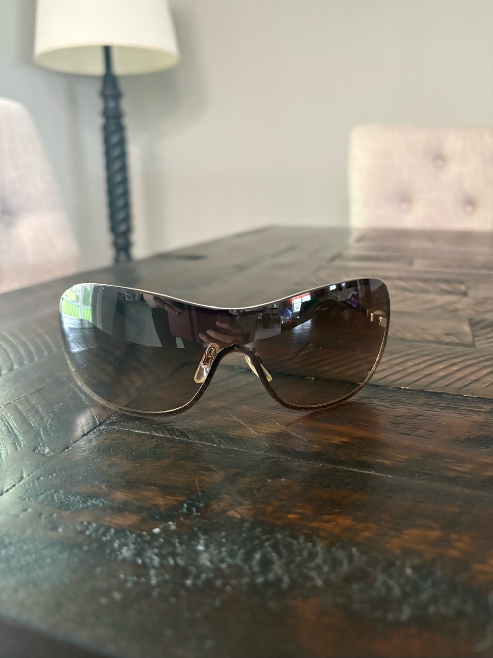 CHANEL Brown Gradient Shield Sunglasses with pearls